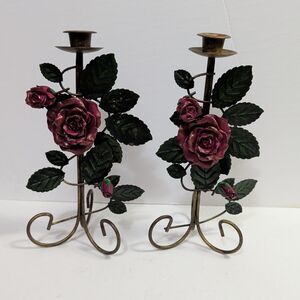 (2) Metal Victorian Red Roses Candle Holders Home Decor Vtg Free Standing